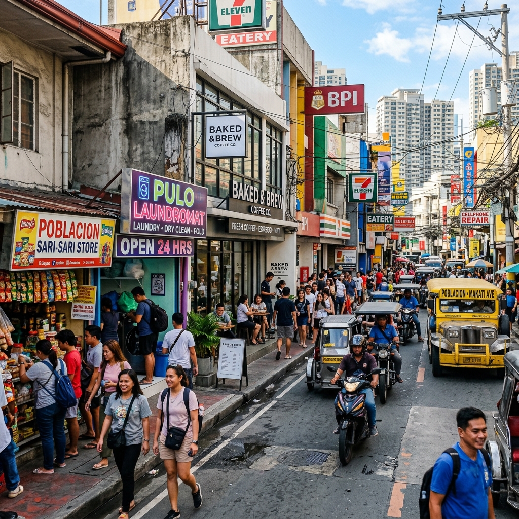 Busy commercial street with pedestrian traffic
